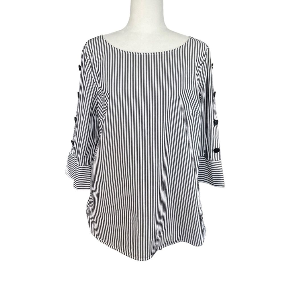 Talbots Black White Striped Long Statement Button Sleeve Side Zip Blouse Size L
